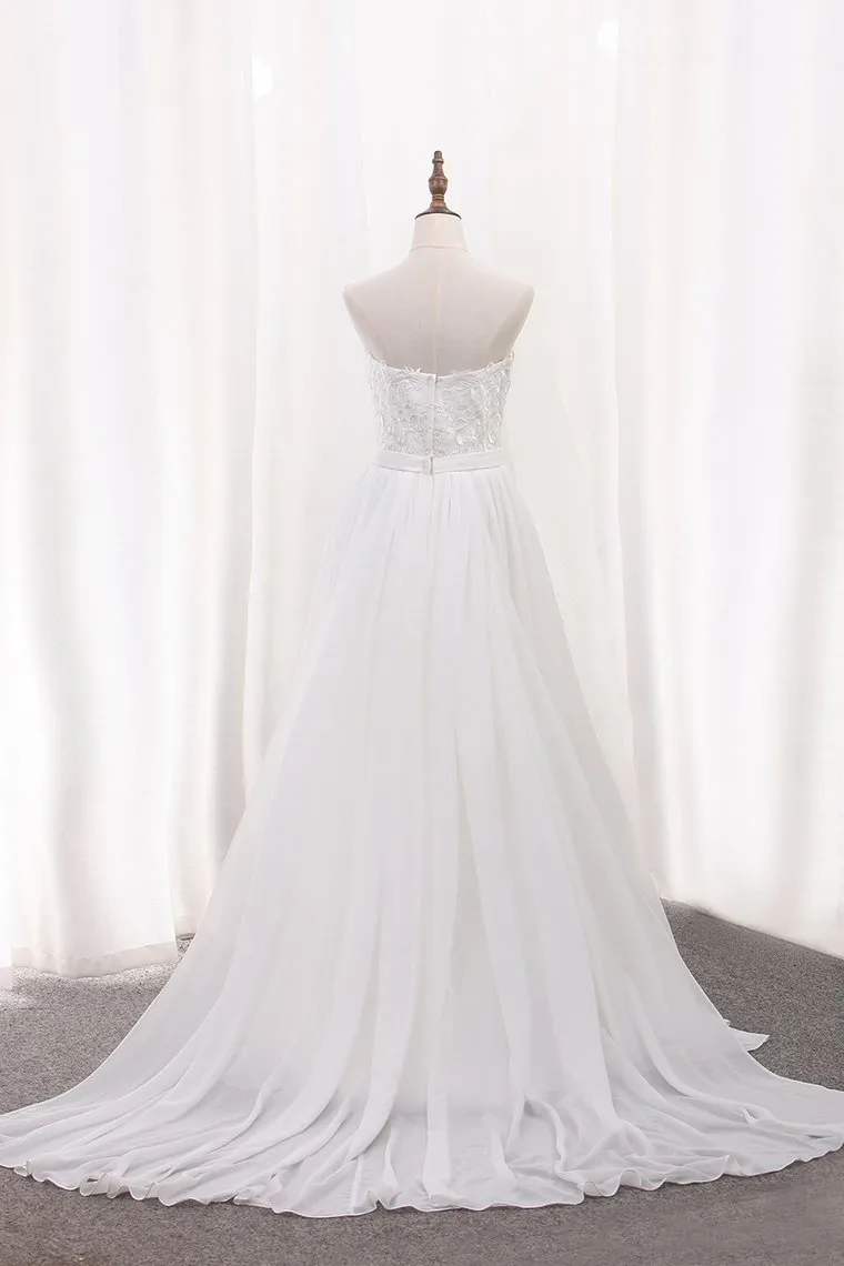 A Line Chiffon Sweetheart Wedding Dresses With Applique And Slit