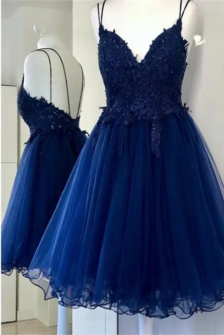 A Line Dual-Strapped Royal Blue V Neck Short Prom Dress with Beads Appliques JS858