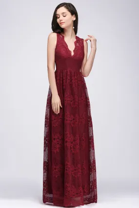 A-Line Lace V-Neck Sleeveless Long Bridesmaid Dresses