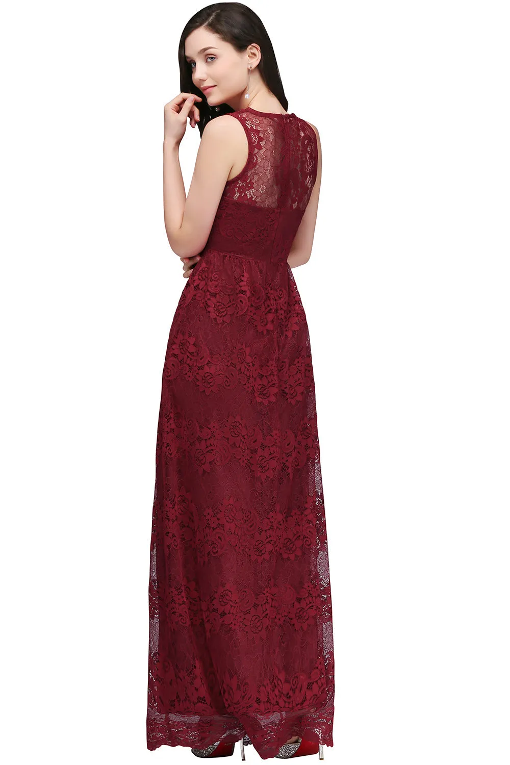 A-Line Lace V-Neck Sleeveless Long Bridesmaid Dresses