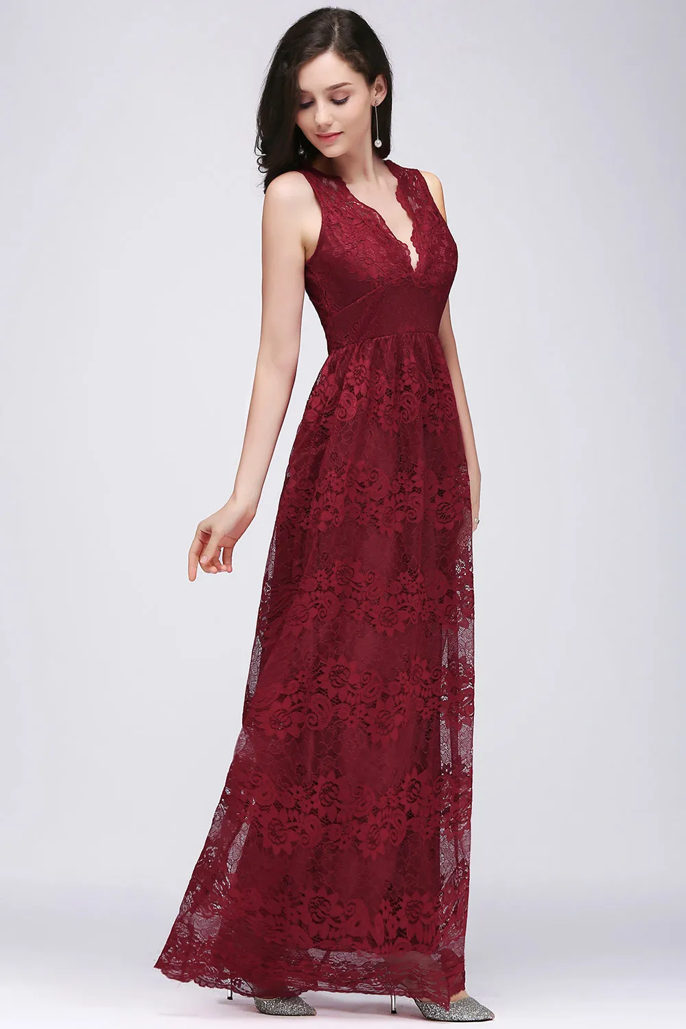 A-Line Lace V-Neck Sleeveless Long Bridesmaid Dresses