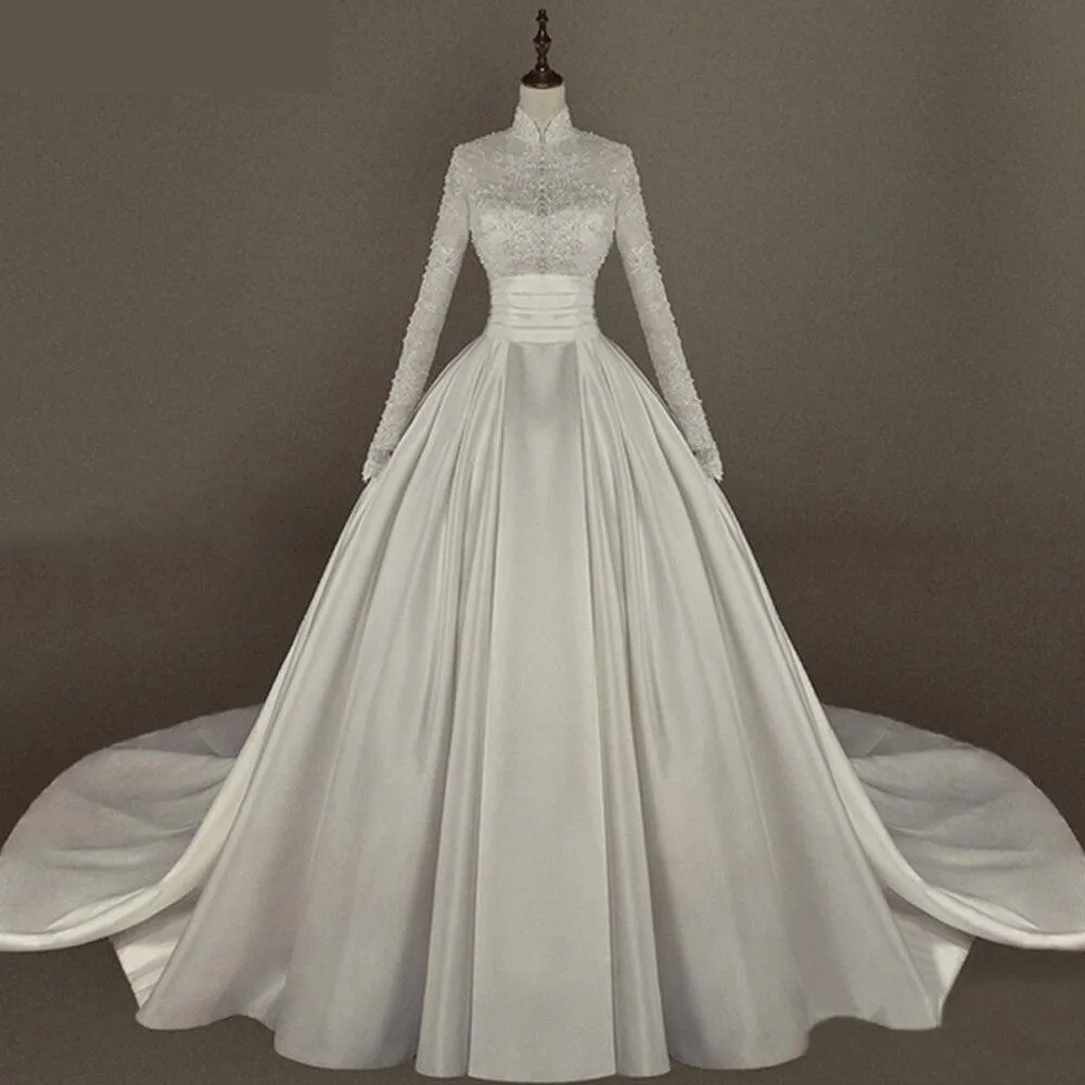 A-Line Satin High Neck Long Sleeves Floor Length Beaded Bridal Gowns