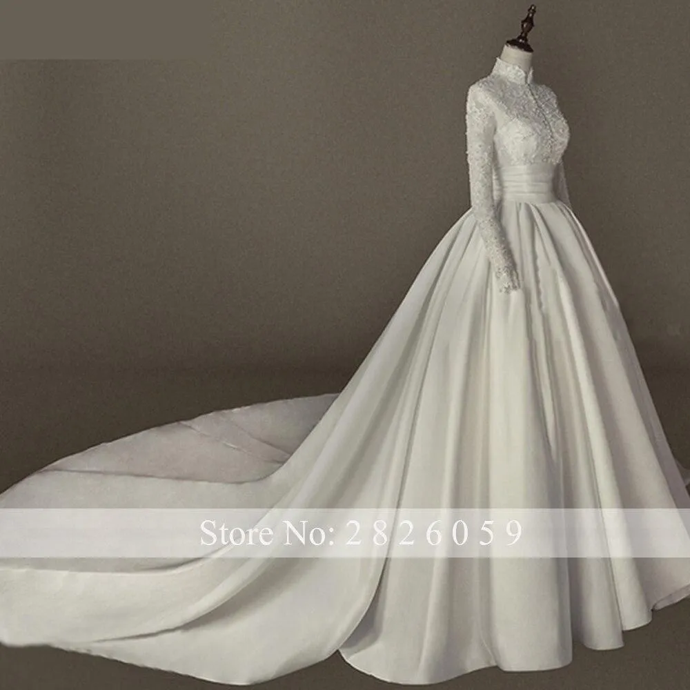 A-Line Satin High Neck Long Sleeves Floor Length Beaded Bridal Gowns