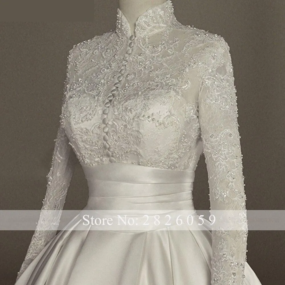 A-Line Satin High Neck Long Sleeves Floor Length Beaded Bridal Gowns