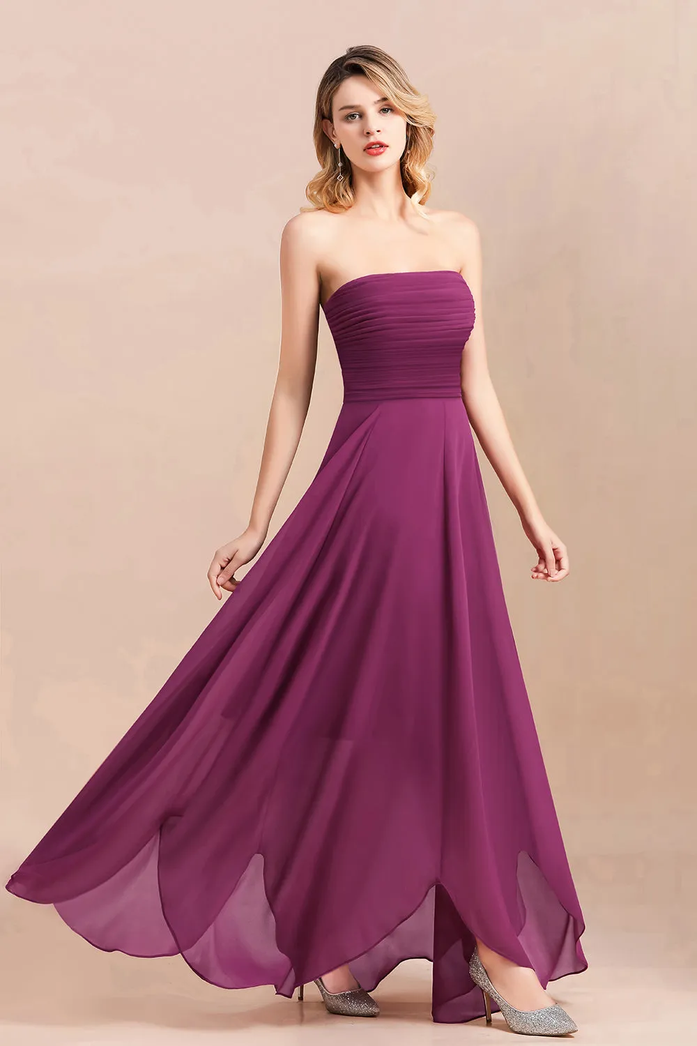 A-Line Strapless Backless Evening Party Dress Charming Chiffon Bridesmaid Dress