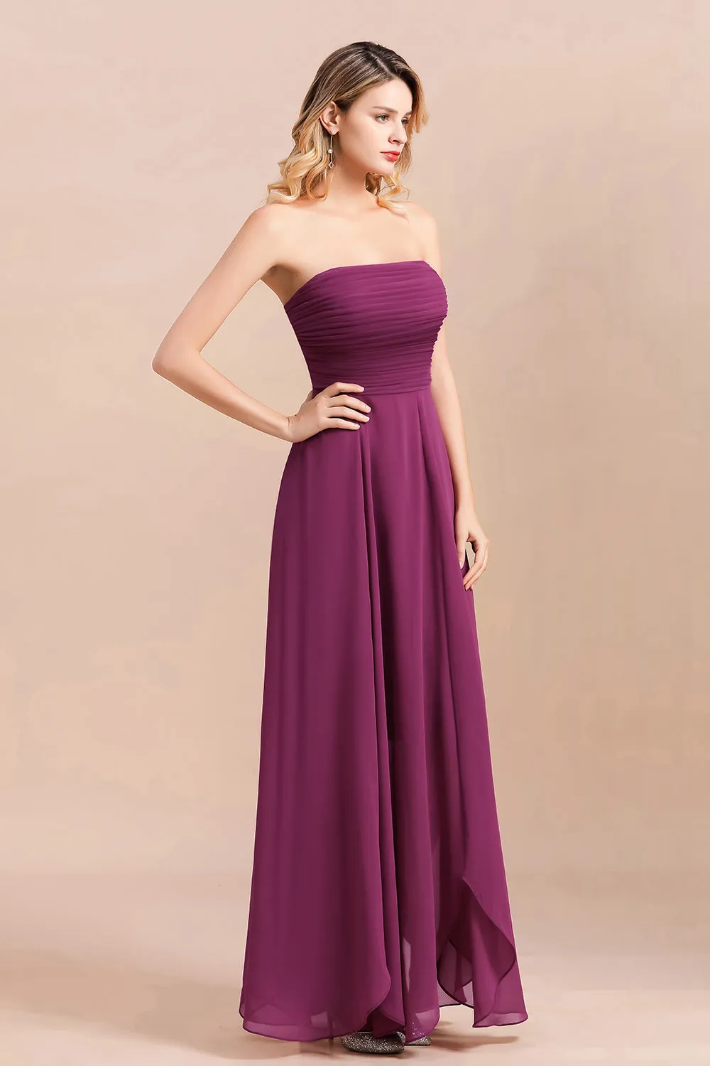 A-Line Strapless Backless Evening Party Dress Charming Chiffon Bridesmaid Dress