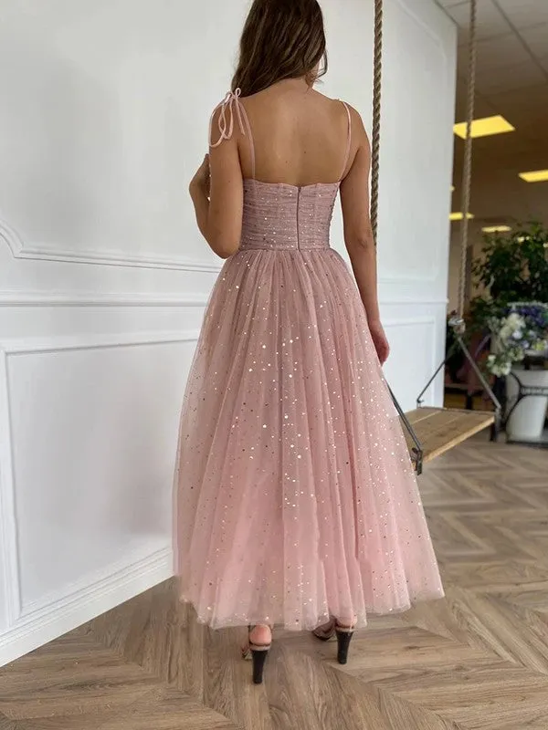 A-Line Tulle Spaghetti Straps Short Prom Dresses with Pockets