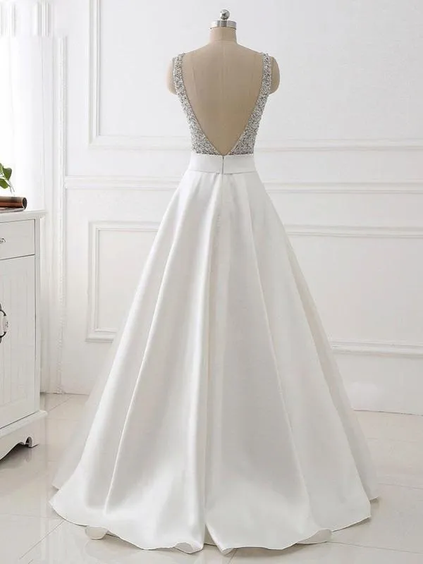 A-line V-neck Beaded White Satin Prom Dresses ,Cheap Prom Dresses,PDY0425