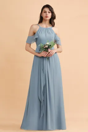 Amazing Long A-Line Off-the-Shoulder Chiffon Grey Blue Bridesmaid Dress With Bowknot