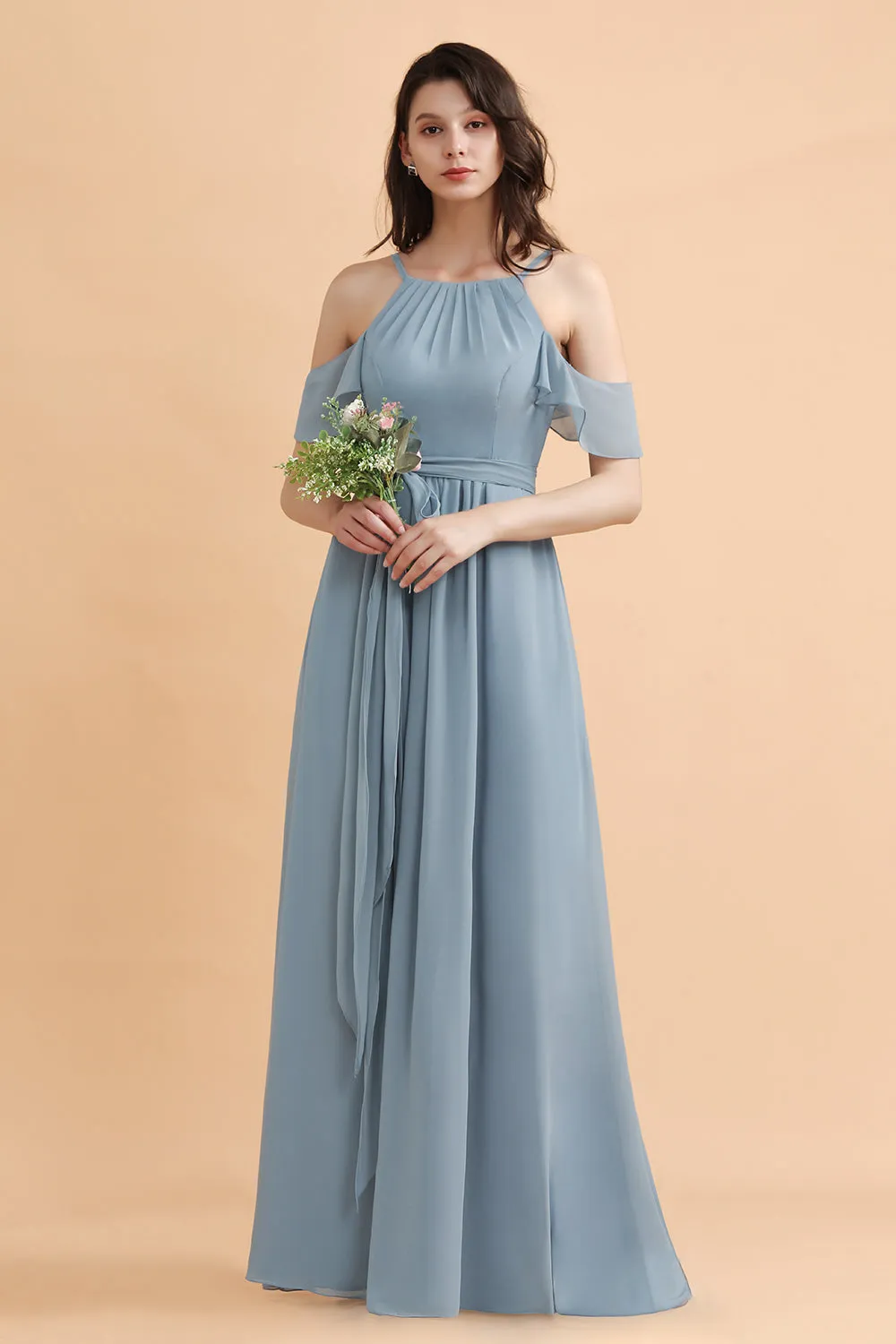 Amazing Long A-Line Off-the-Shoulder Chiffon Grey Blue Bridesmaid Dress With Bowknot