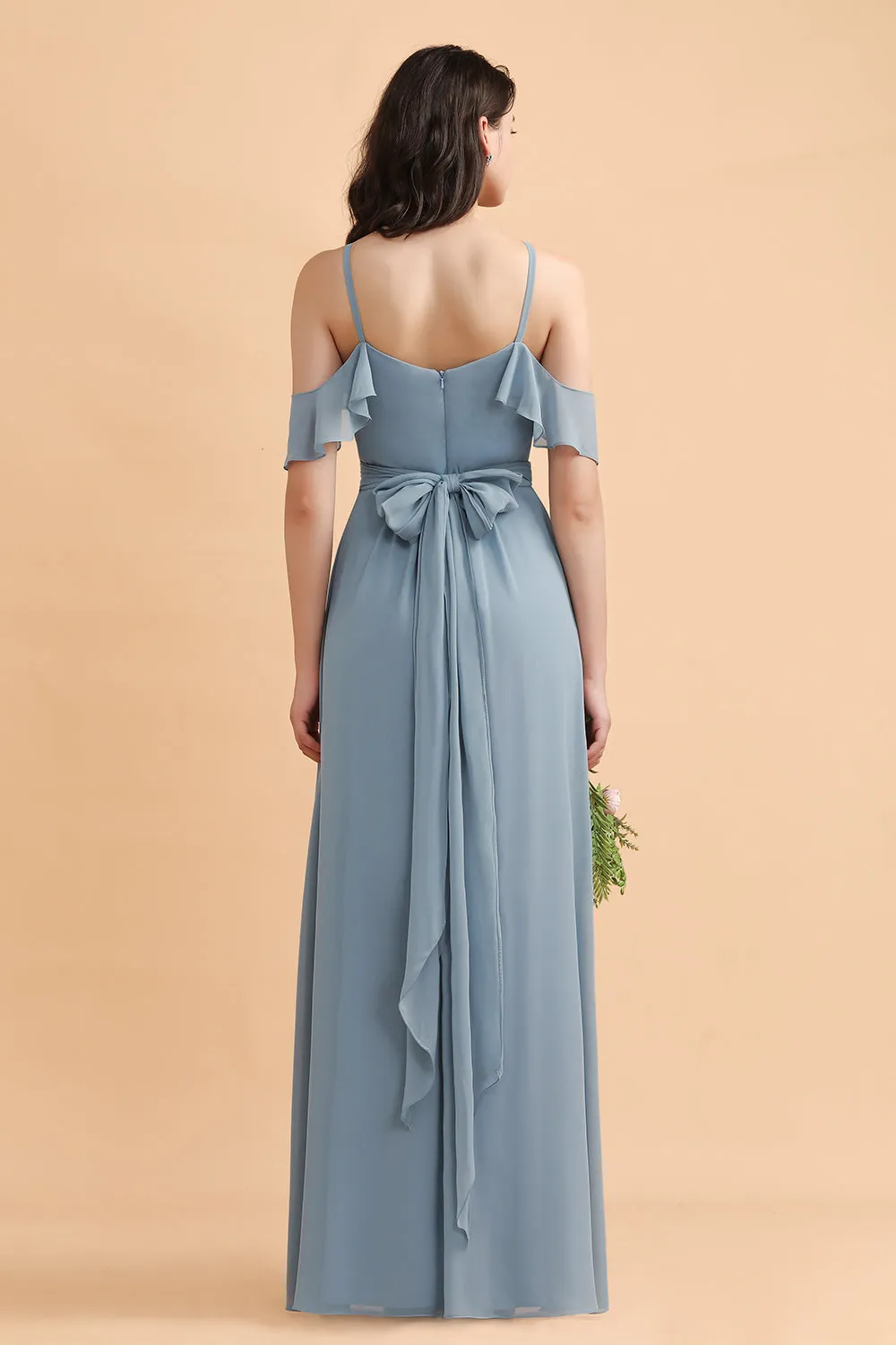 Amazing Long A-Line Off-the-Shoulder Chiffon Grey Blue Bridesmaid Dress With Bowknot