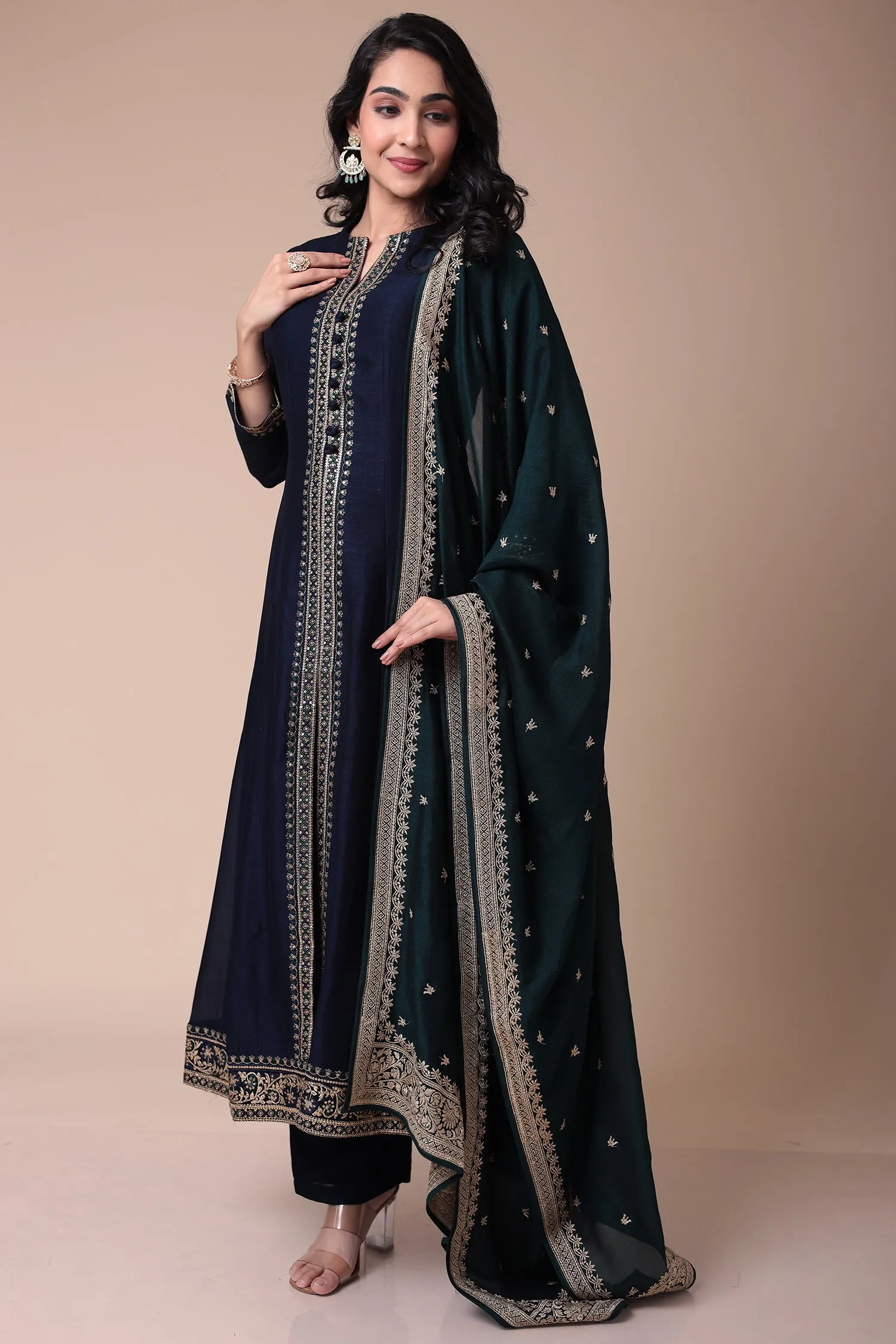 Anarkali Silk Suit with Embroidered Dupatta