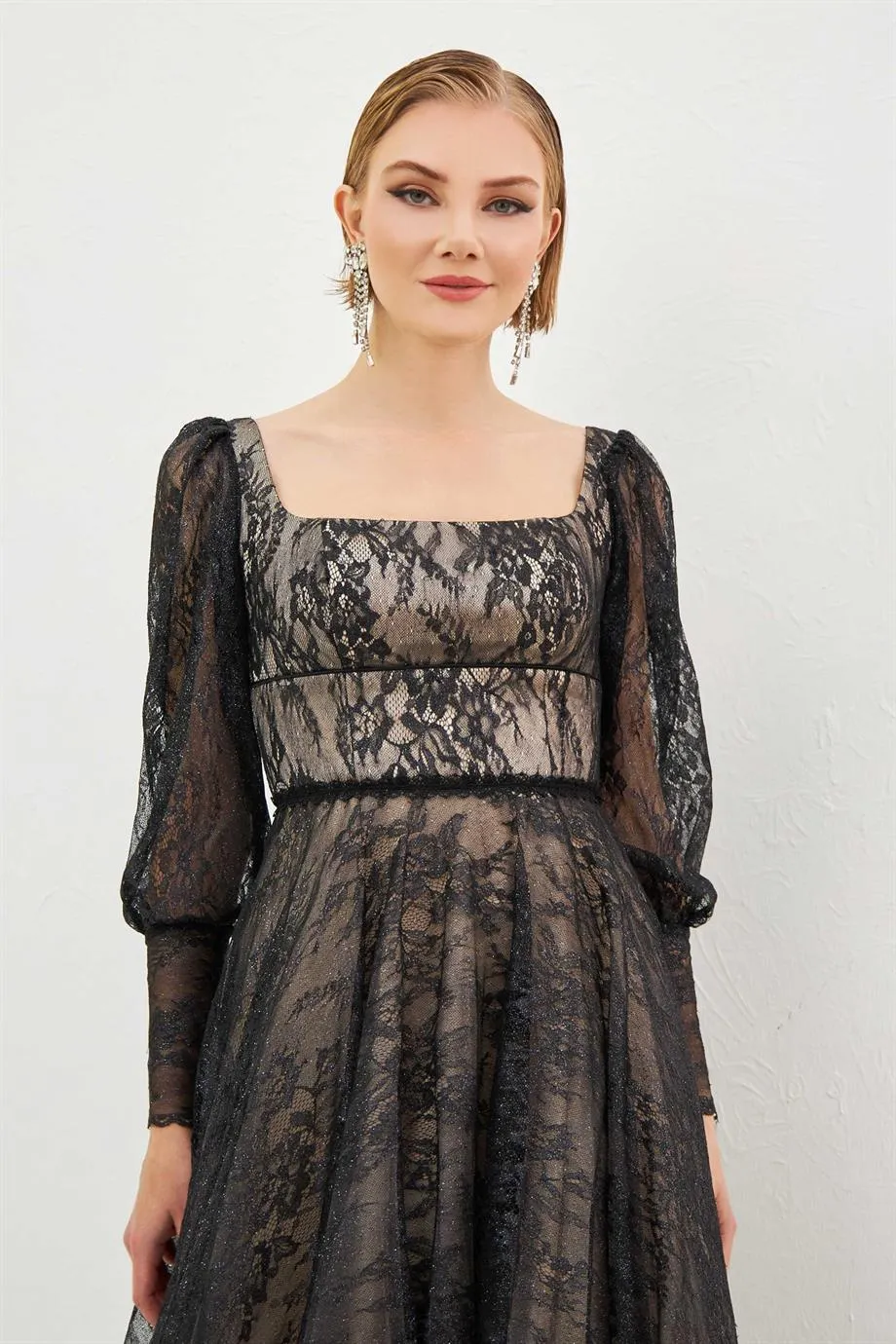 Angelino black lace square collar engagement evening dresses