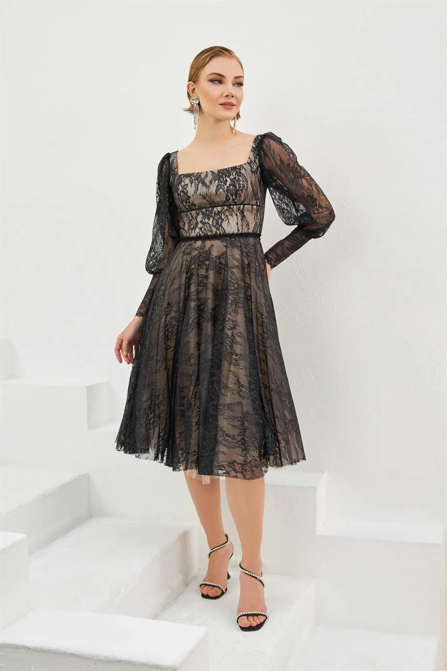 Angelino black lace square collar engagement evening dresses