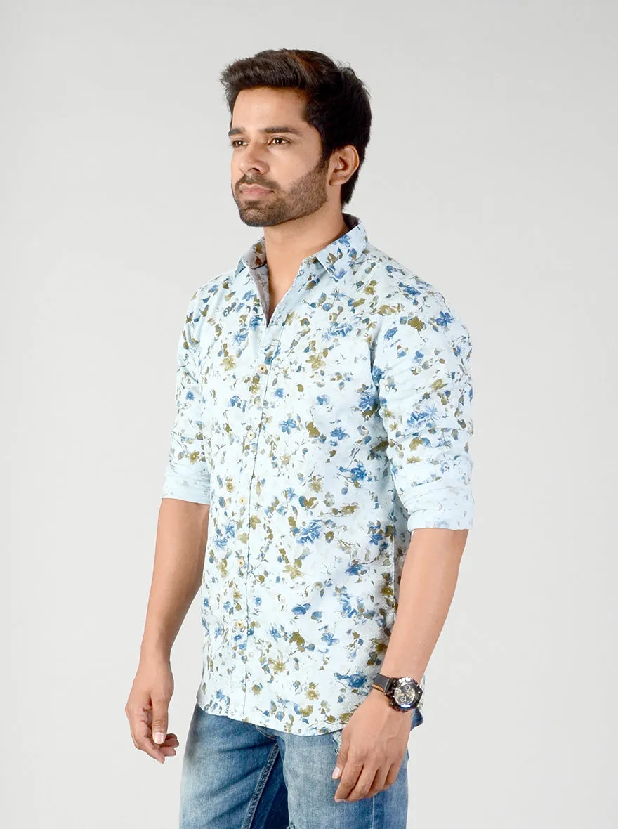 Aqua Blue Printed Slim Fit Casual Shirt | JadeBlue