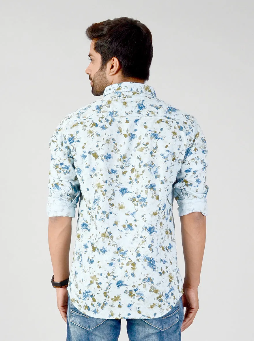 Aqua Blue Printed Slim Fit Casual Shirt | JadeBlue