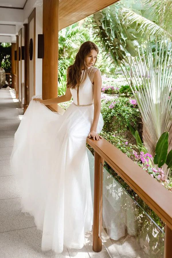 Awesome Long A-line Beading Tulle Open Back Wedding Dress