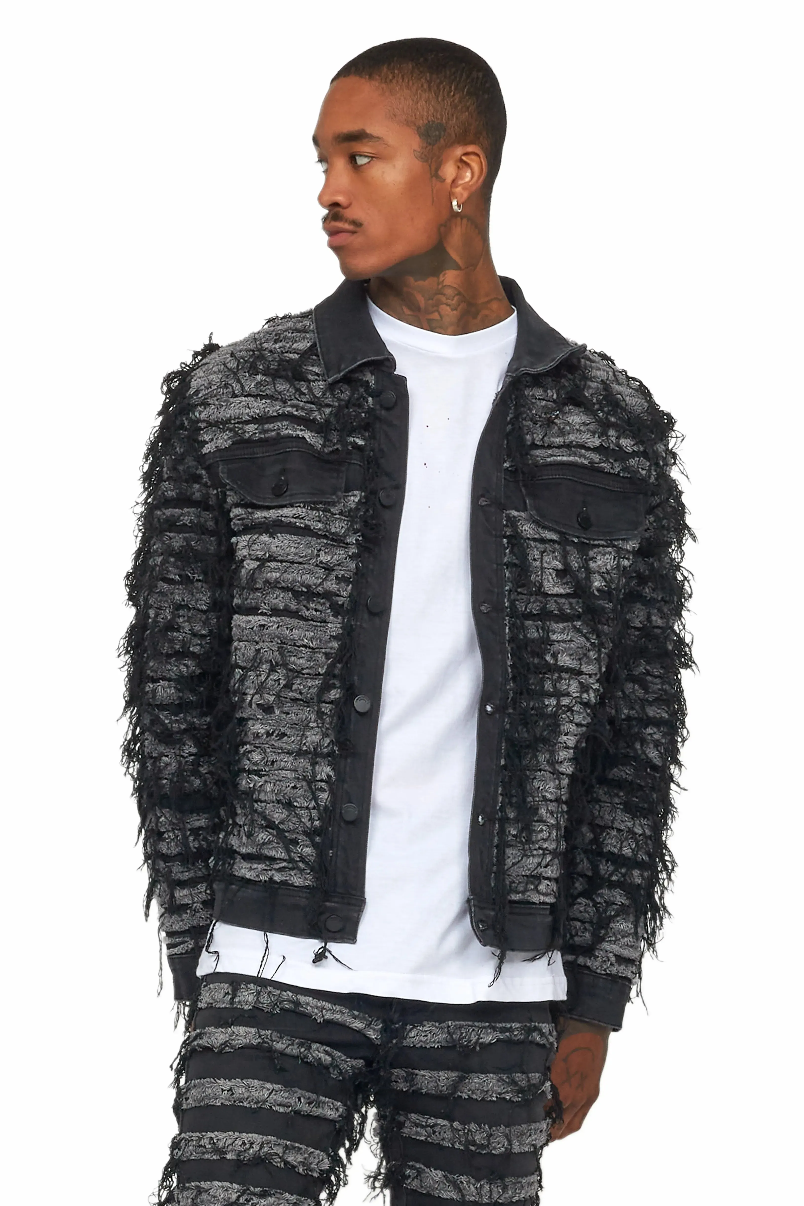 Ayan Dark Grey Distressed Denim Jacket