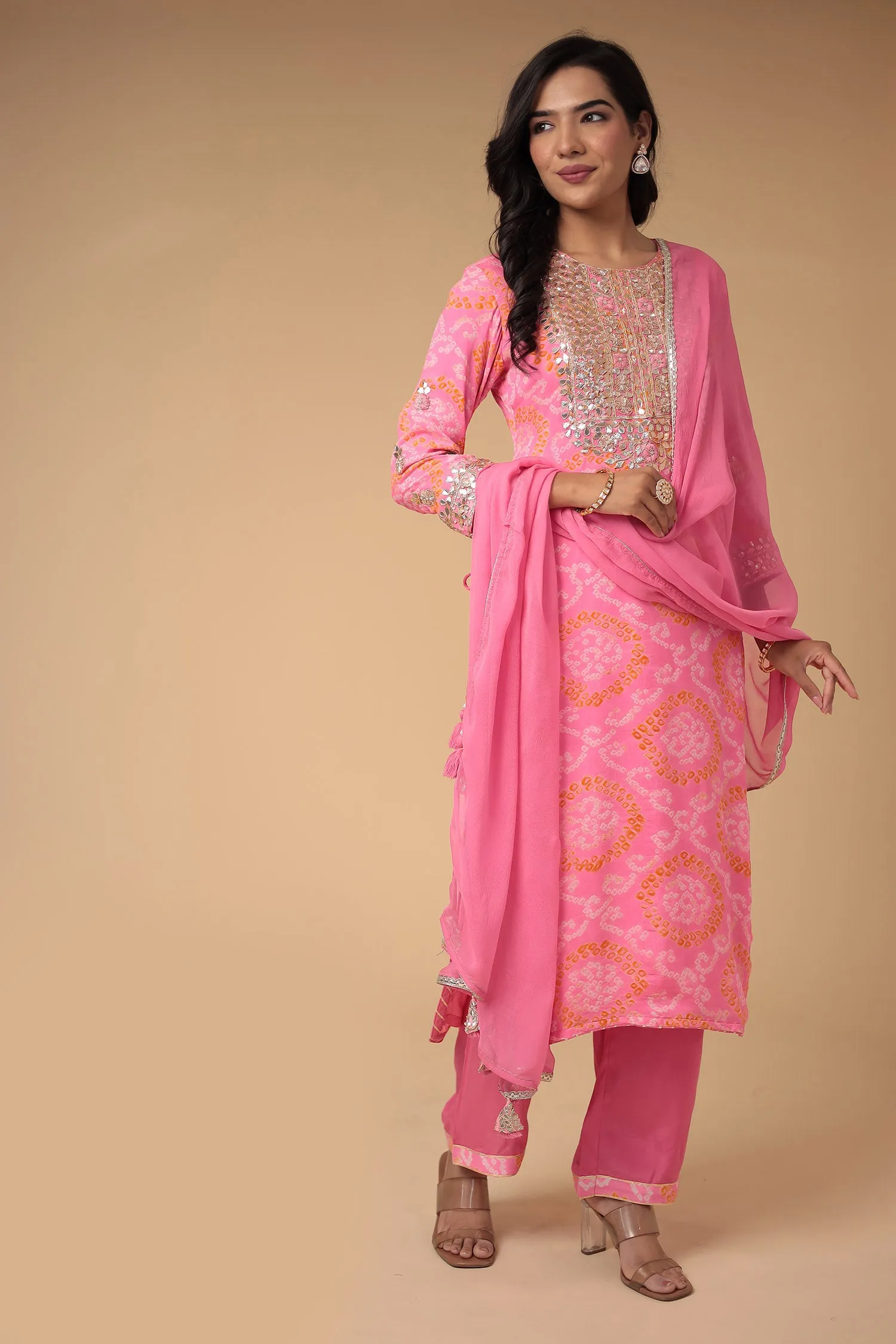 Bandhej Georgette Suit with Gota Patti and Thread work.