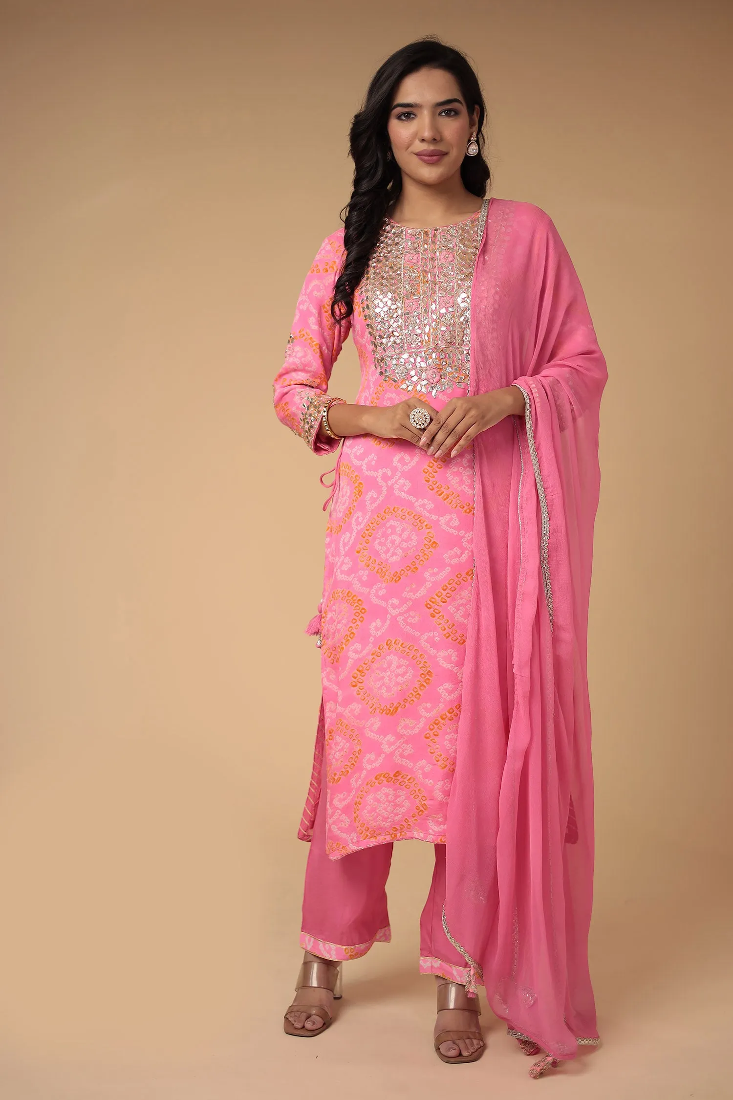 Bandhej Georgette Suit with Gota Patti and Thread work.