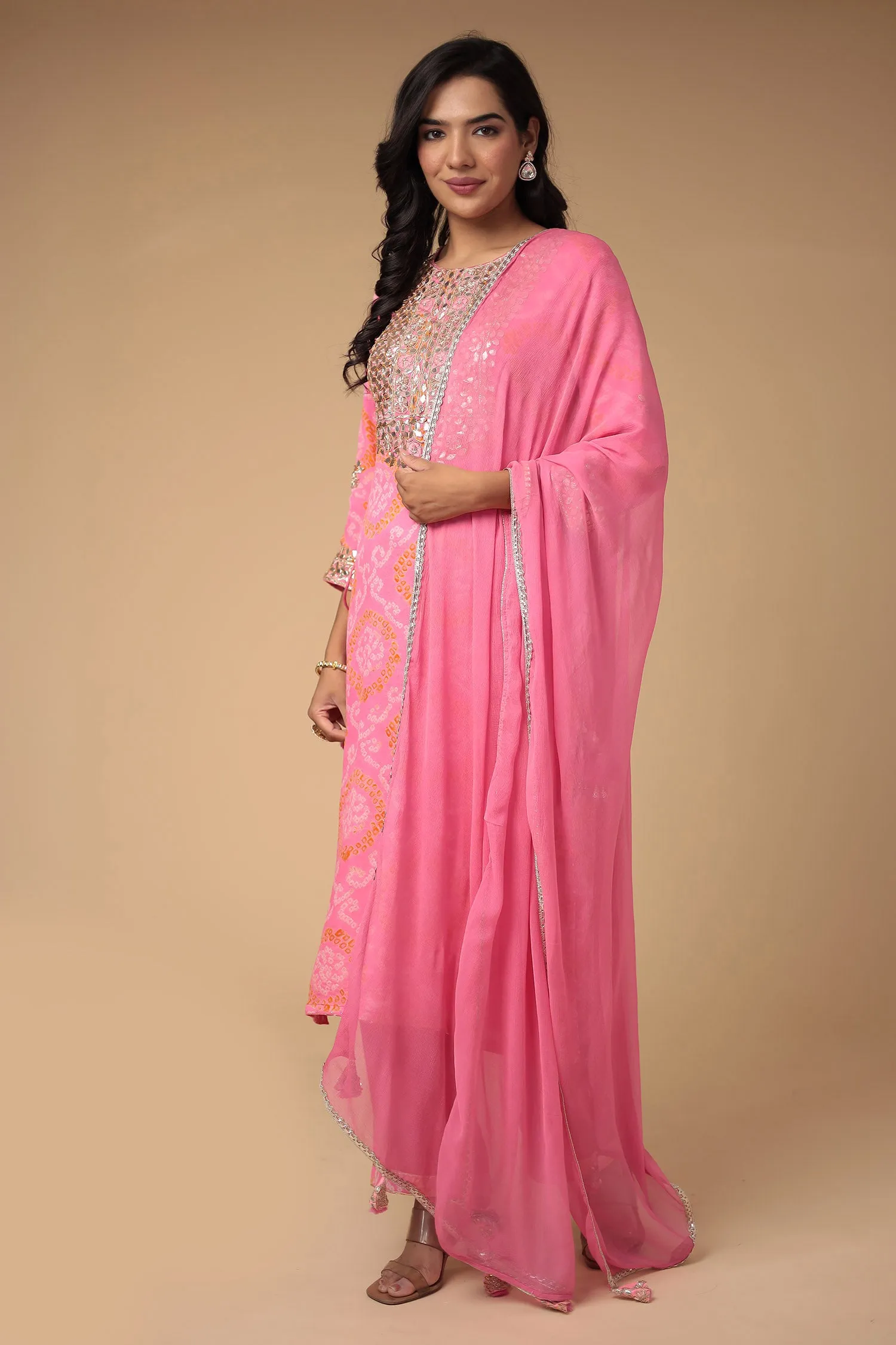 Bandhej Georgette Suit with Gota Patti and Thread work.