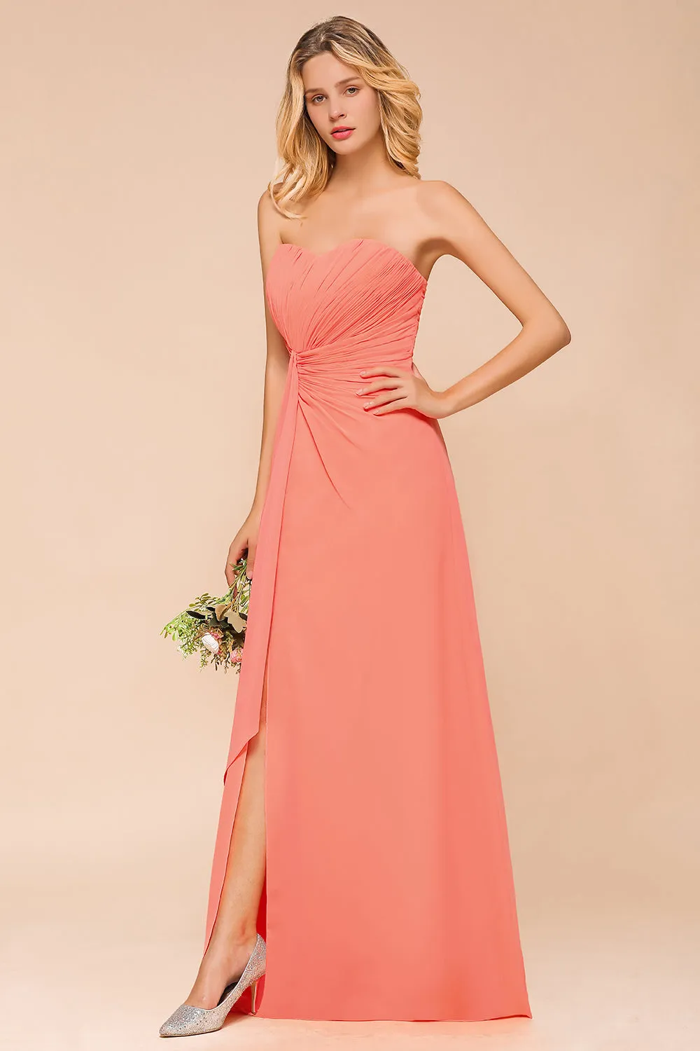 Beautiful Long A-line Strapless Backless Chiffon Bridesmaid Dress With Ruched