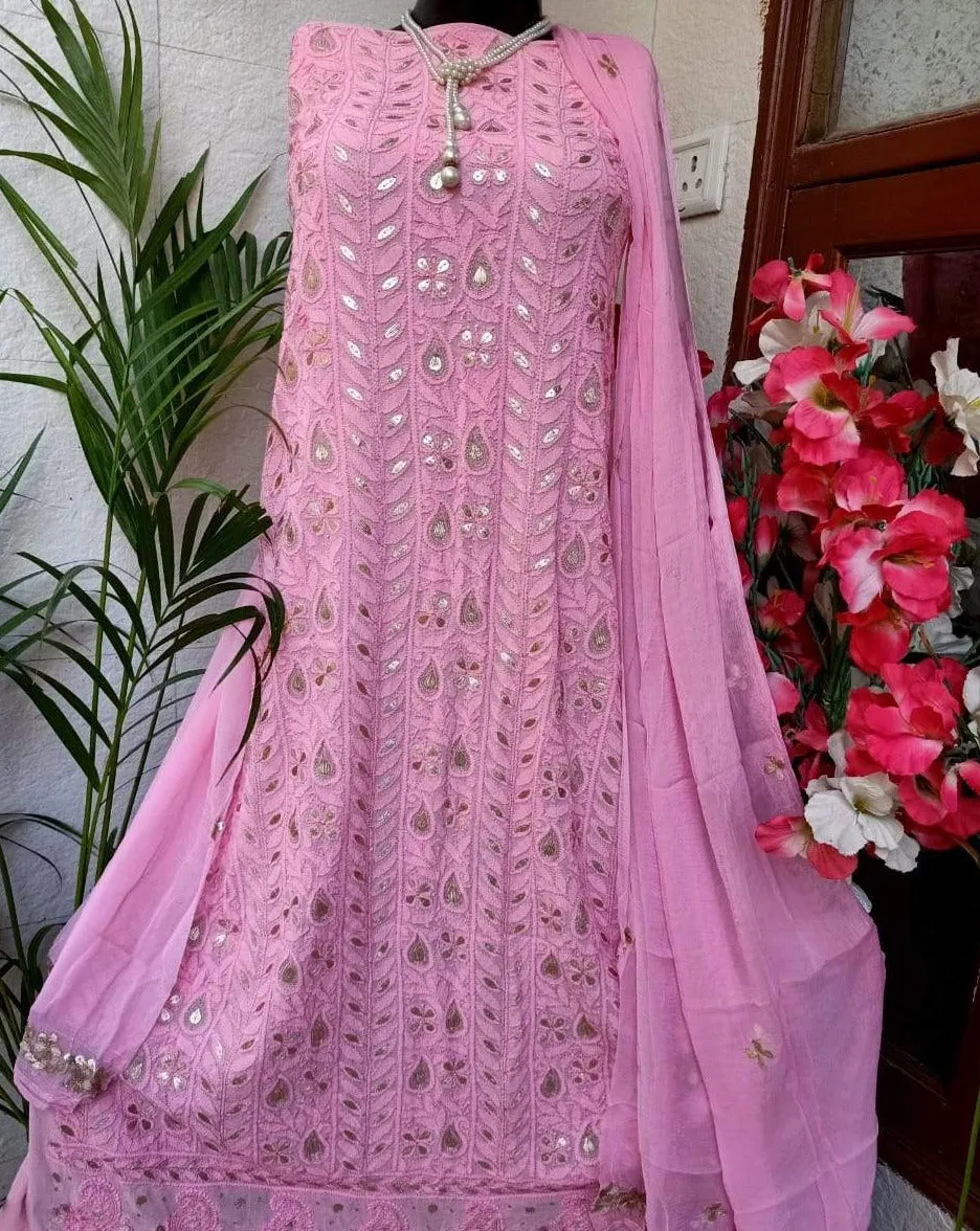 Beautiful Pink Heavy Fancy Chikankari Gota Salwar Suit Dress Material