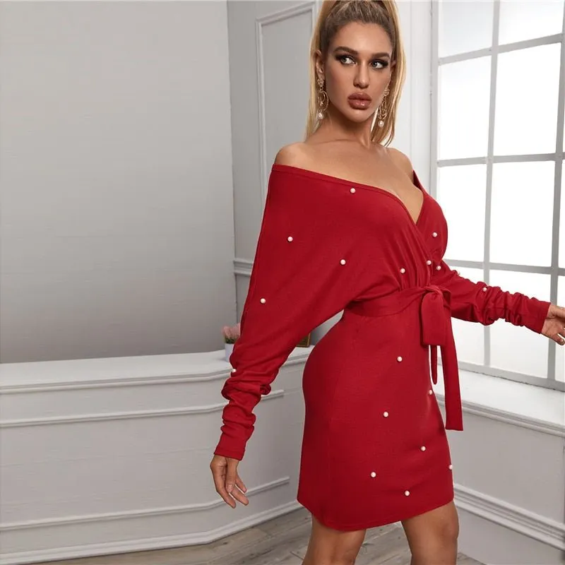 Black Deep V neck Pearls Beading Belted Elegant Dress Women 2019 Autumn High Waist Batwing Sleeve Wrap Bodycon Dresses