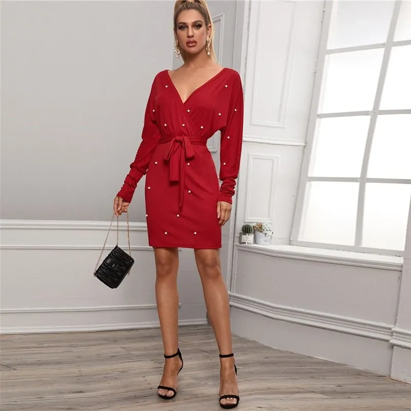 Black Deep V neck Pearls Beading Belted Elegant Dress Women 2019 Autumn High Waist Batwing Sleeve Wrap Bodycon Dresses