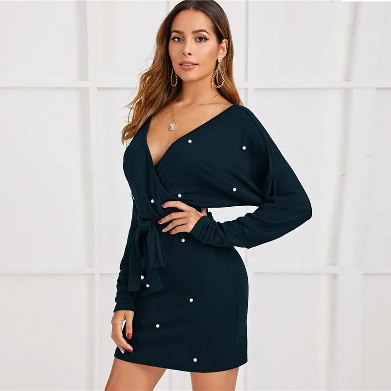 Black Deep V neck Pearls Beading Belted Elegant Dress Women 2019 Autumn High Waist Batwing Sleeve Wrap Bodycon Dresses