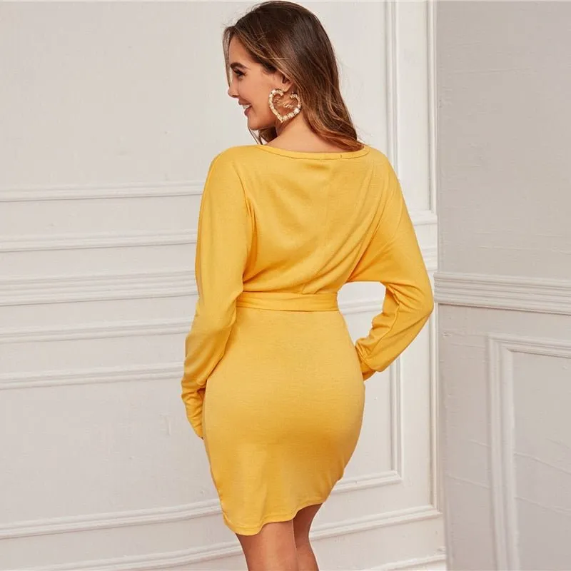 Black Deep V neck Pearls Beading Belted Elegant Dress Women 2019 Autumn High Waist Batwing Sleeve Wrap Bodycon Dresses