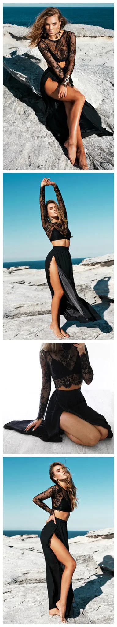 Black Lace Long Sleeves Sexy Slit Two Pieces Party Cheap A-line Long Prom Evening Party Dress, PD0056