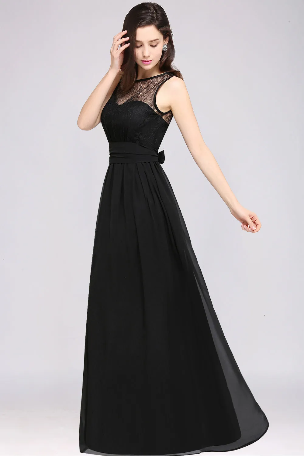 Black Long A-Line Chiffon Lace Jewel Sleeveless Bridesmaid Dresses