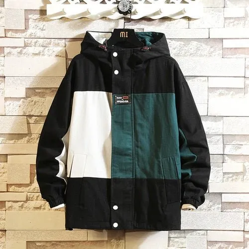 Black Patchwork Block Military Sweatshirt Jackets For Men Autumn Hip Hop Japanese Hoodies Streetwear Loose Casual Hooded Jacket