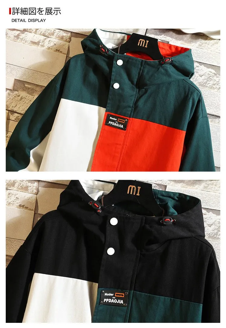 Black Patchwork Block Military Sweatshirt Jackets For Men Autumn Hip Hop Japanese Hoodies Streetwear Loose Casual Hooded Jacket