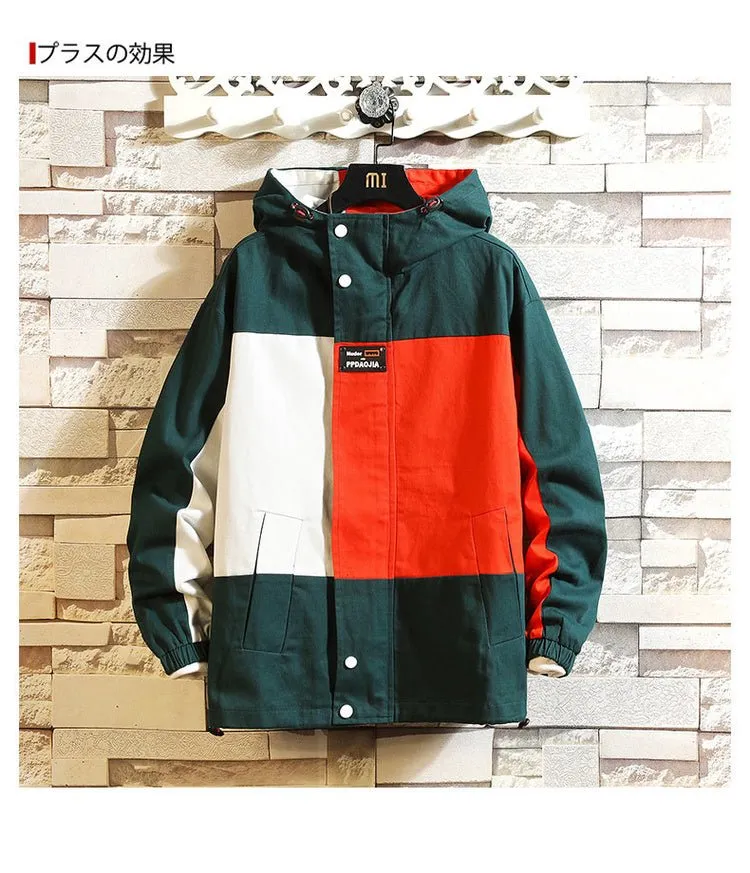 Black Patchwork Block Military Sweatshirt Jackets For Men Autumn Hip Hop Japanese Hoodies Streetwear Loose Casual Hooded Jacket