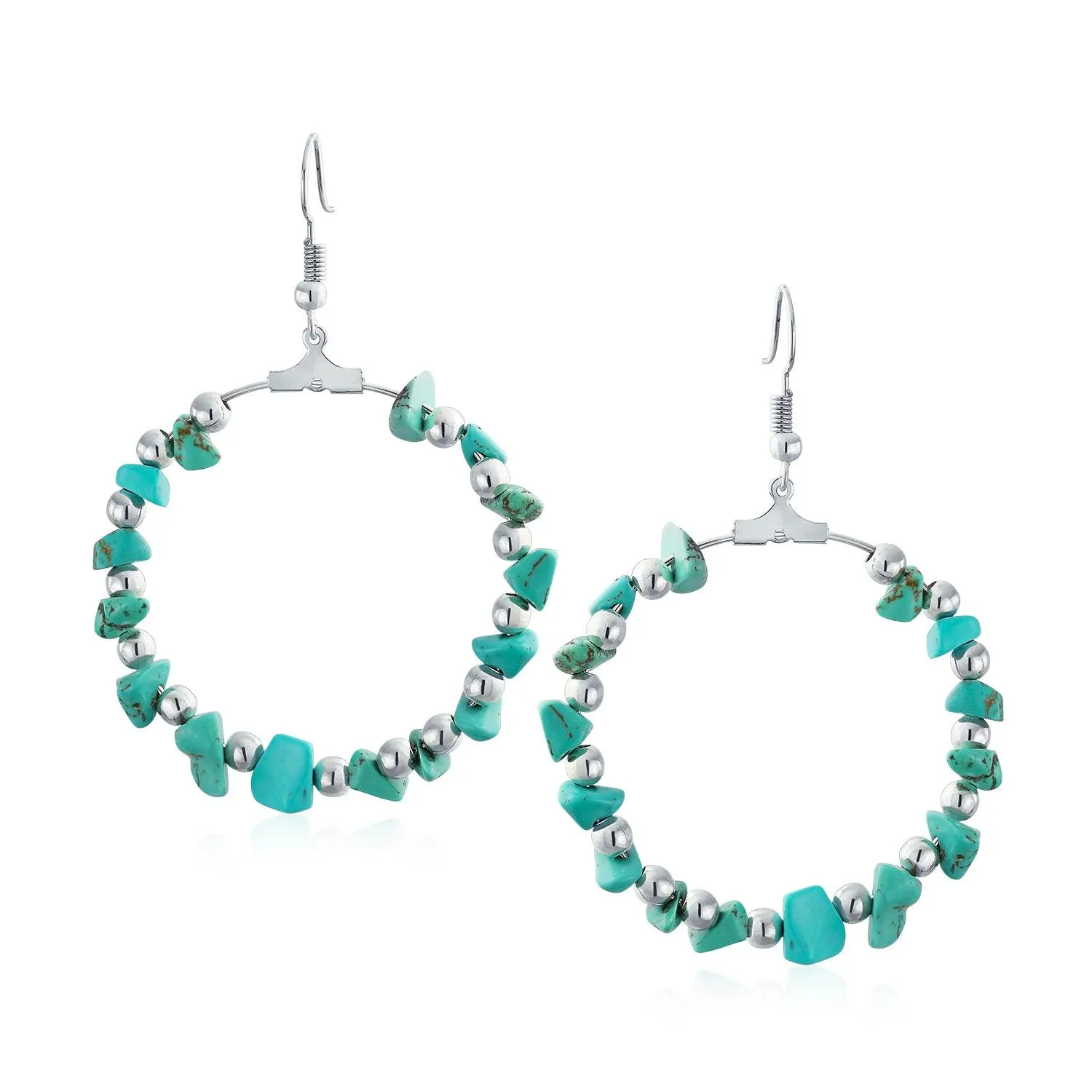 Boho Turquoise Chip Circle Round Hoop Western Earrings Silver Plated