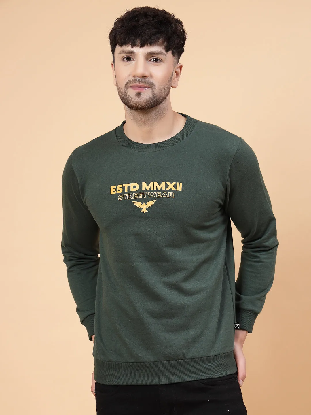 Bottle Green Placement Print Round Neck Fleece Sweatshirt