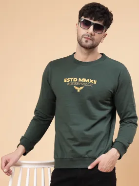 Bottle Green Placement Print Round Neck Fleece Sweatshirt