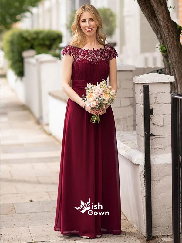 Burgundy Lace Cap Sleeves A-line Chiffon Long Wedding Guest Bridesmaid Dresses, WGM020