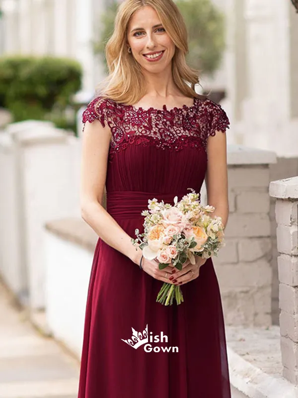 Burgundy Lace Cap Sleeves A-line Chiffon Long Wedding Guest Bridesmaid Dresses, WGM020