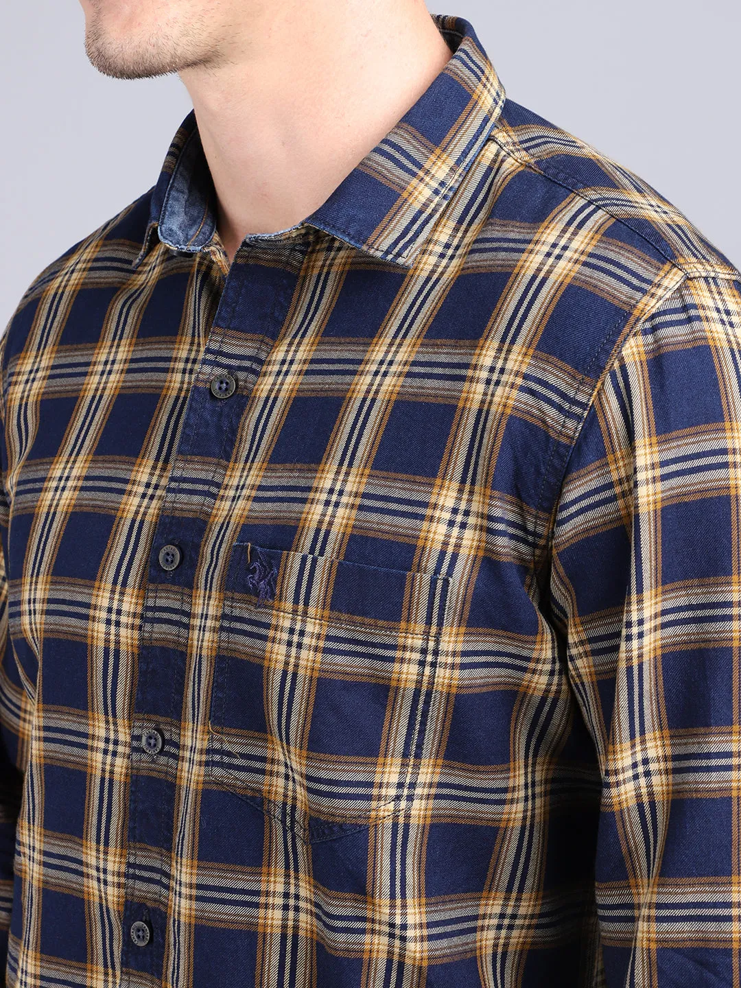 Cantabil Cotton Checkered Mustard Full Sleeve Casual Shirt for Men with Pocket