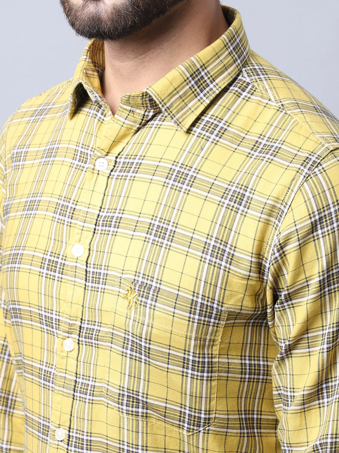 Cantabil Cotton Checkered Mustard Full Sleeve Casual Shirt for Men with Pocket