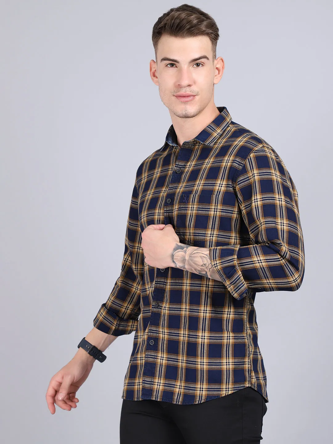 Cantabil Cotton Checkered Mustard Full Sleeve Casual Shirt for Men with Pocket