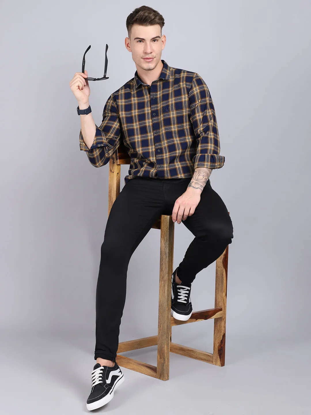 Cantabil Cotton Checkered Mustard Full Sleeve Casual Shirt for Men with Pocket