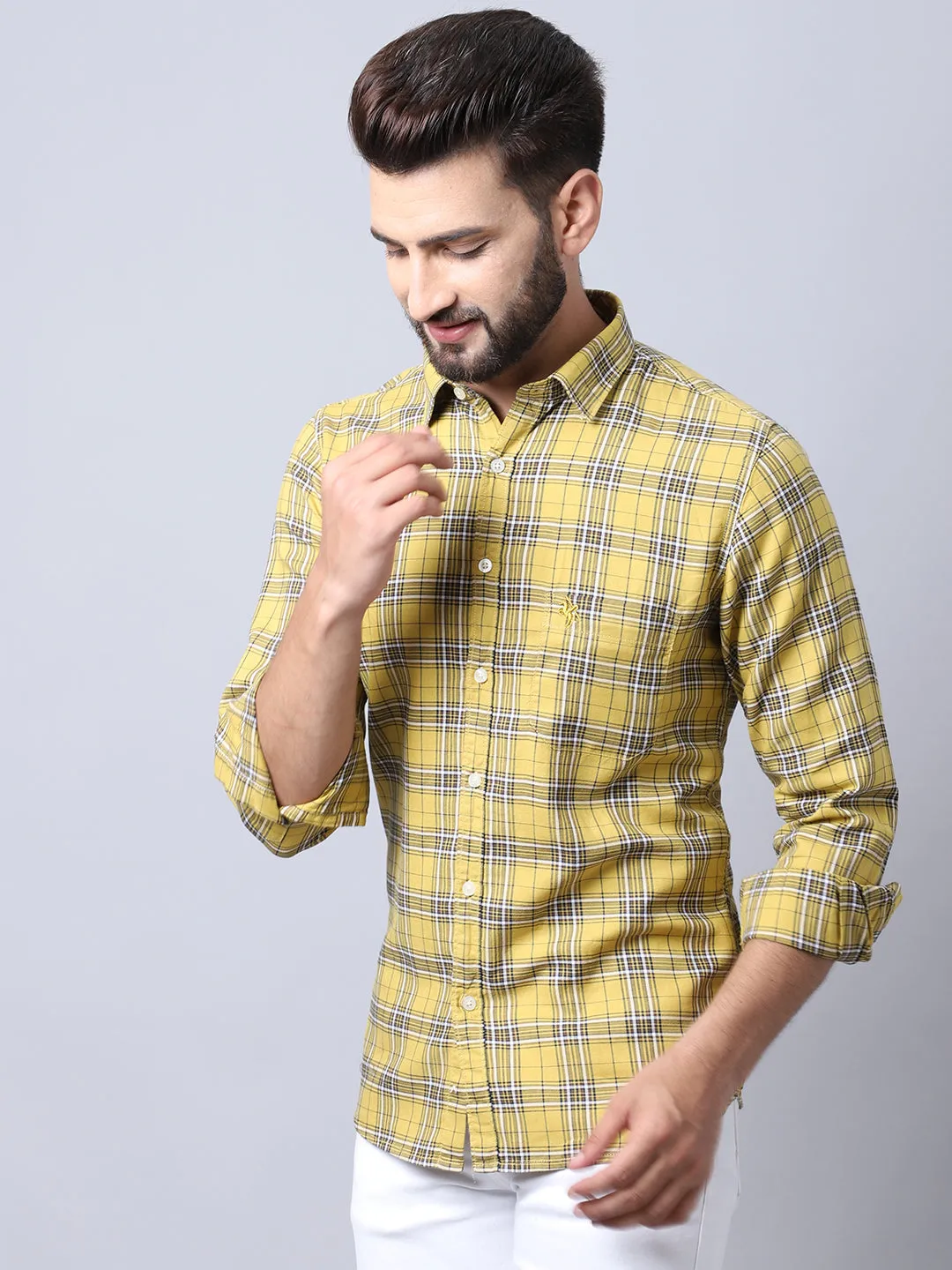 Cantabil Cotton Checkered Mustard Full Sleeve Casual Shirt for Men with Pocket