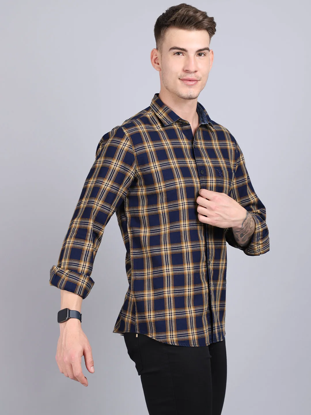 Cantabil Cotton Checkered Mustard Full Sleeve Casual Shirt for Men with Pocket