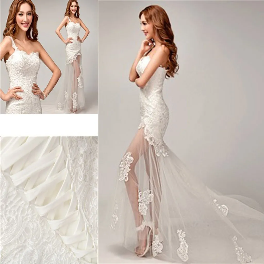 Chic Design One Shoulder Lace Top See Through Sexy Mermaid Lace Up Wedding Dresses, WDY0126