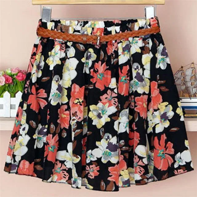 Chiffon Mini Skirts Print A-line Pleated With Lining