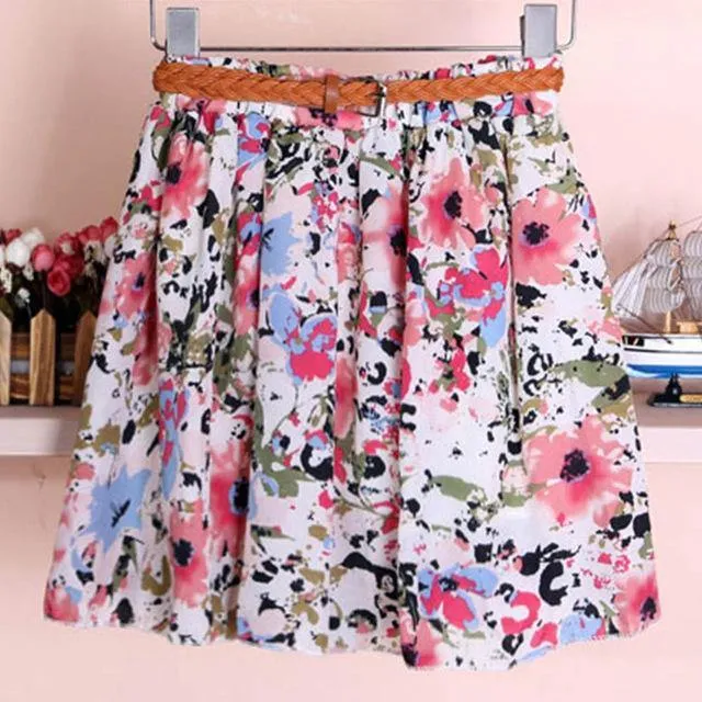 Chiffon Mini Skirts Print A-line Pleated With Lining